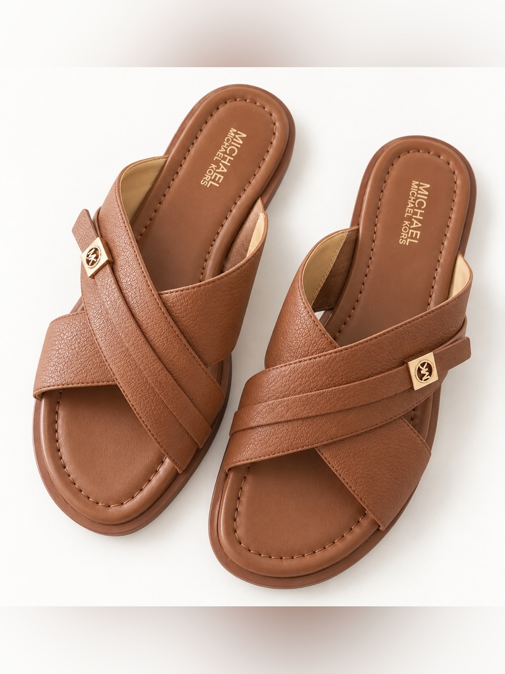 Michael Kors Brown Leather Crisscross Slide Sandals Size 6.5